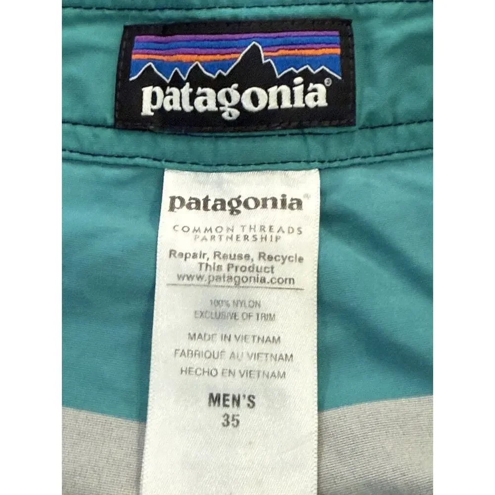 Patagonia Board Shorts Mens Size 35 Green Gray Striped Unlined Swim Trunks Beach